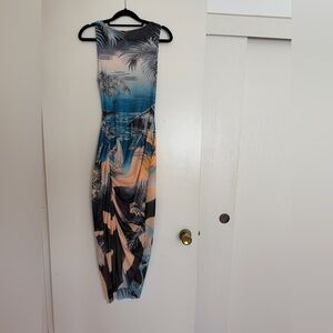 Agua Bendita Tropical Print Maxi Dress in Blue, Peach, Black